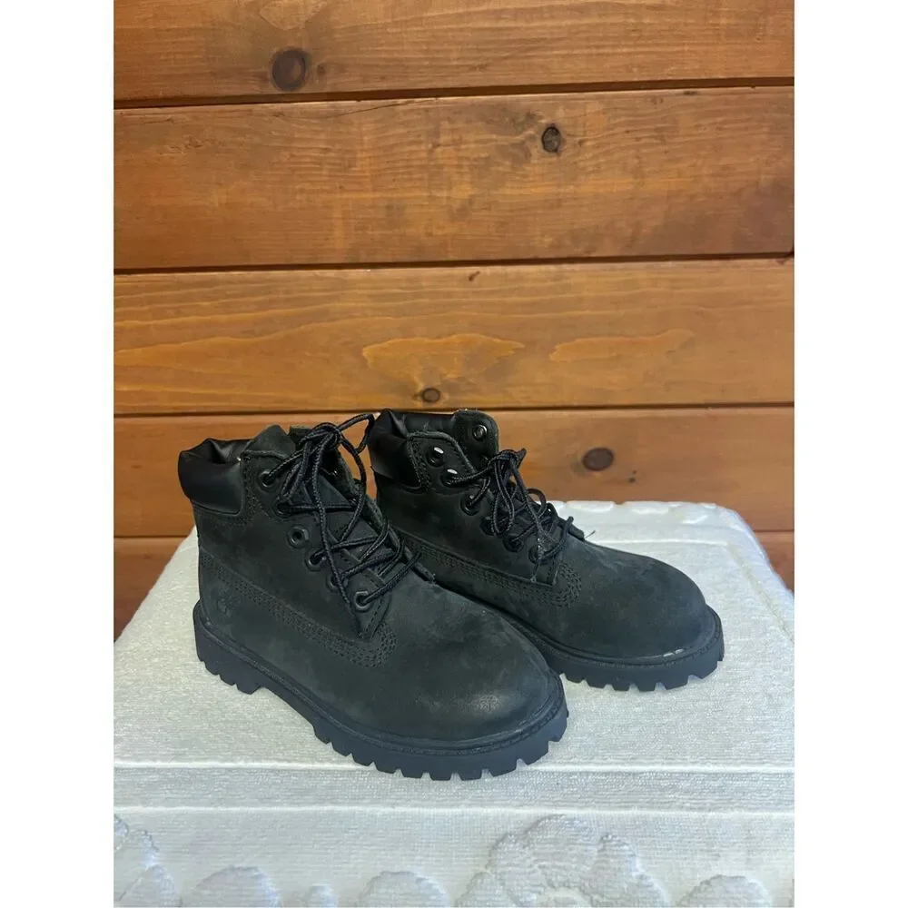 Timberland Boys Black Leather 6 Inch Premium  Boots Sz 10 T  12807
